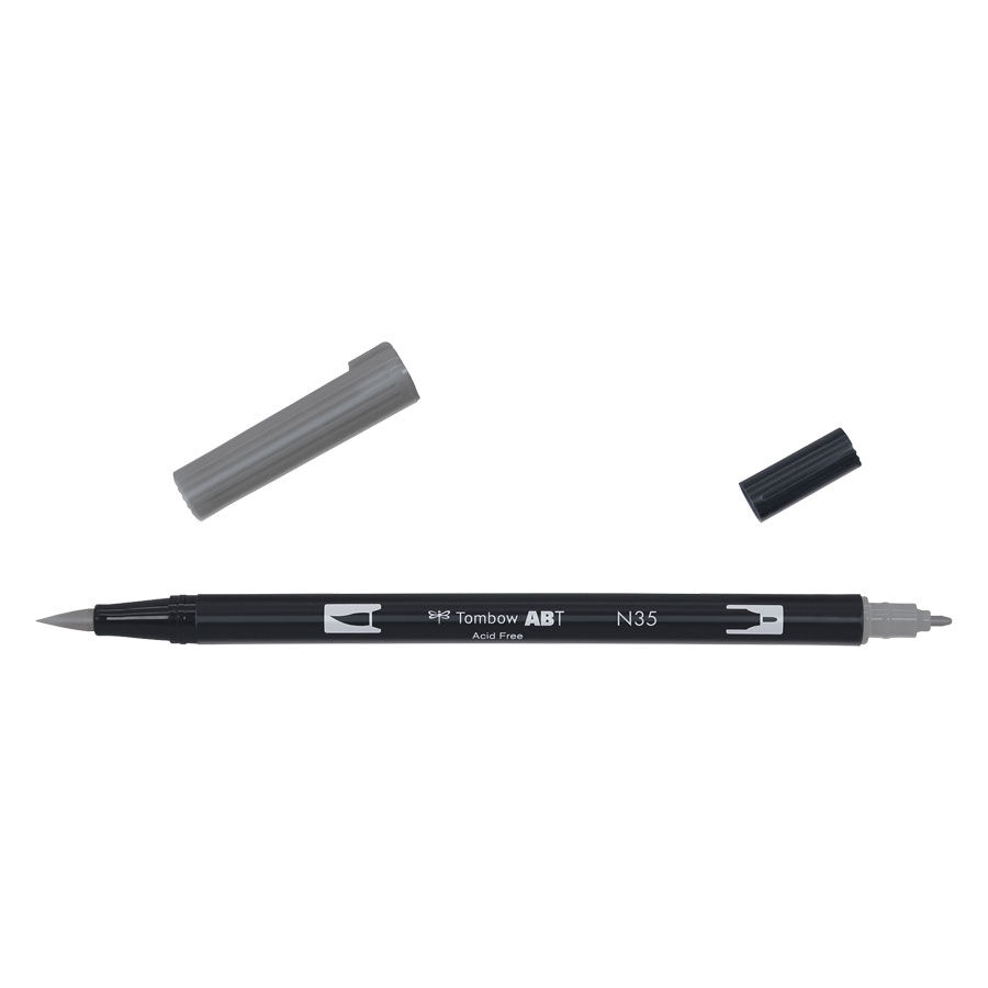 Harmaa Tombow Dual Brush Pen kahdella korkilla valkoisella taustalla