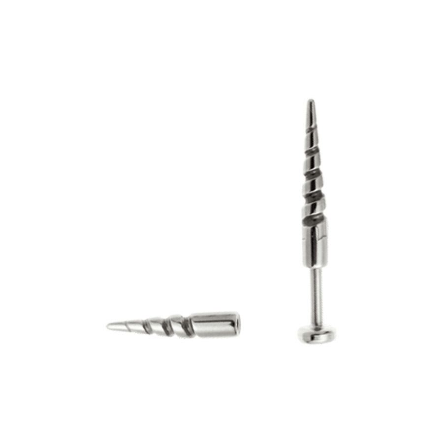 Hopeinen Unicorn Horn -lävistys, 16 mm Hopeinen ulkokierteinen pää Einhornhorn-muodossa, 16 mm pitkä, valkoisella taustalla