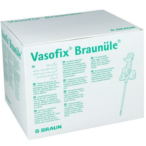Valkoinen laatikko, jossa vihreä teksti 'Vasofix Braunüle' ja B. Braun -logo