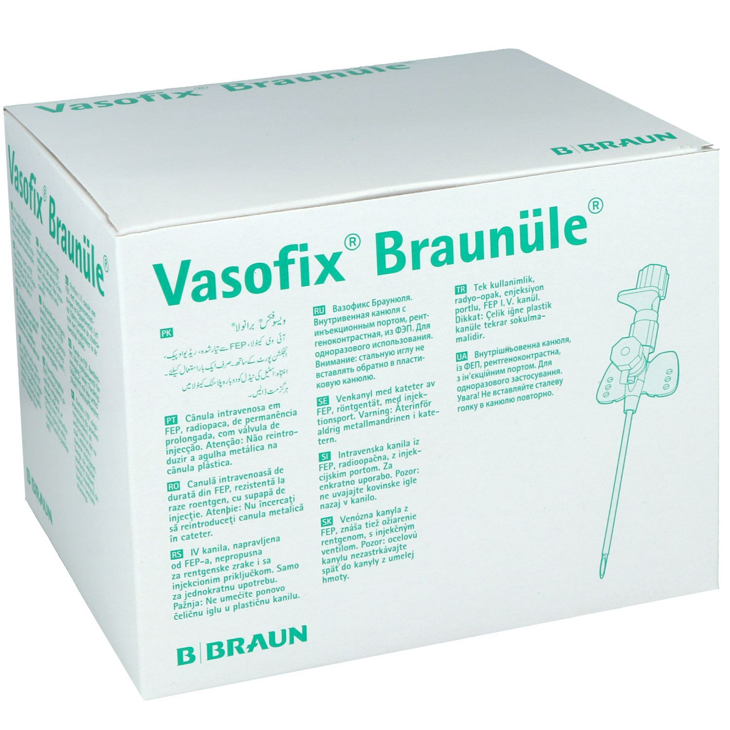 Valkoinen laatikko, jossa vihreä teksti 'Vasofix Braunüle' ja B. Braun -logo