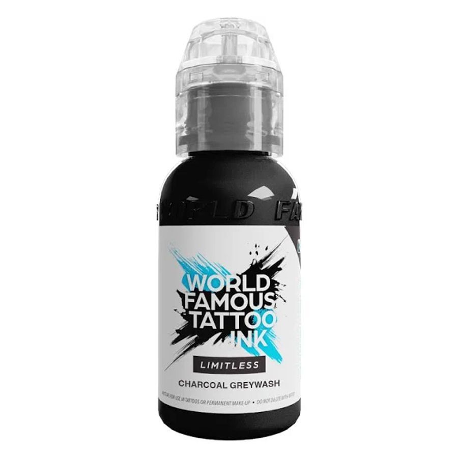 World Famous Ink Limitless Charcoal Grey Wash -pullo, 30 ml, valkoisella taustalla