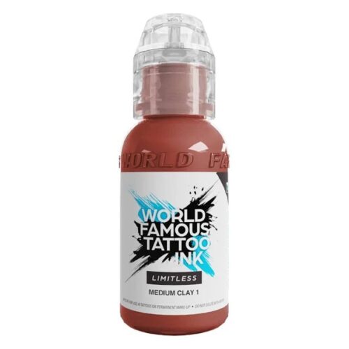 Ruskea ja beige pullo World Famous Tattoo Ink Limitless Medium Clay 1 valkoisella taustalla