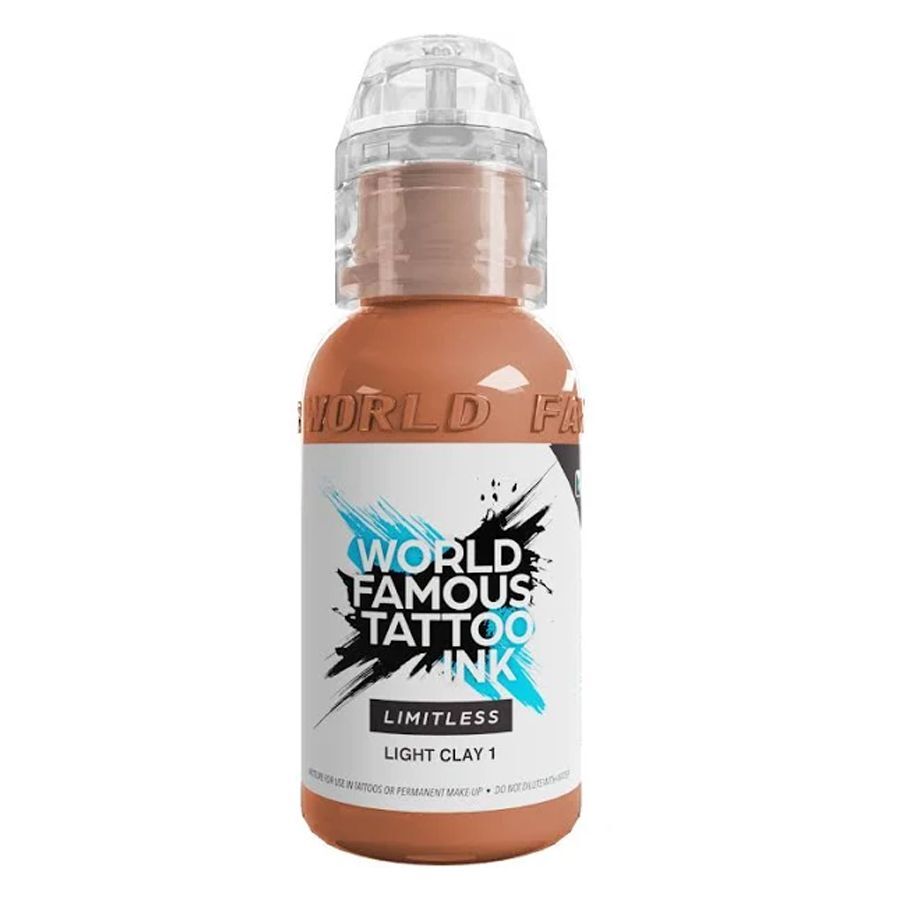 World Famous Ink Limitless Light Clay 1 - 30 ml Ruskea ja beige tatuointiväri, 30 ml pullo valkoisella taustalla
