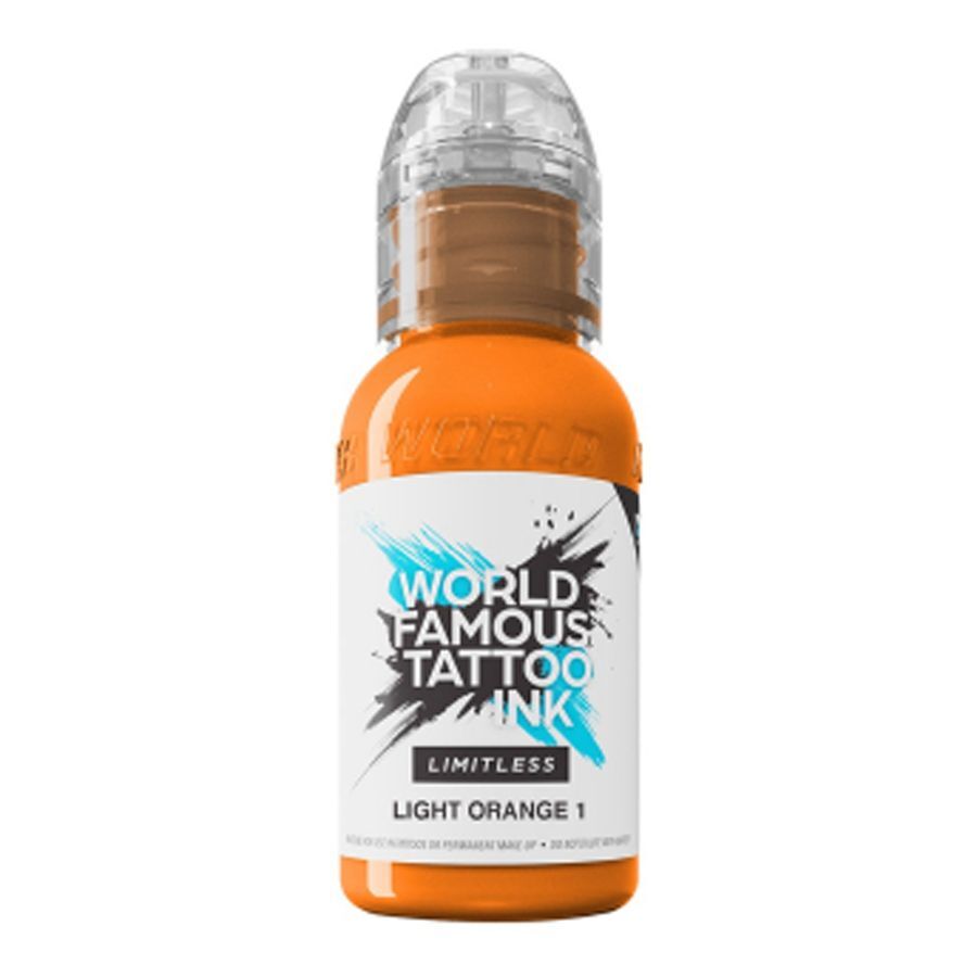 World Famous Ink oranssi tatuointiväri, 30 ml pullo valkoisella taustalla