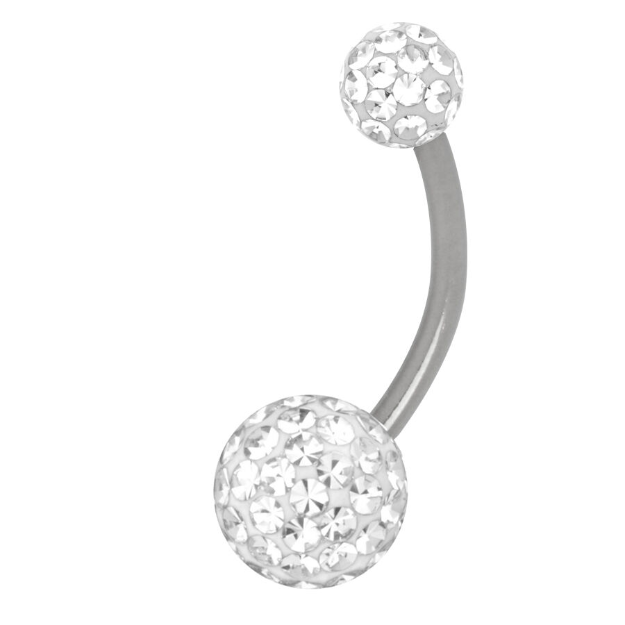 Sealed Multi Jewelled Bananabell titaanista Hopeinen Bananabell-lävistys kristallinkirkkailla kivillä valkoisella taustalla