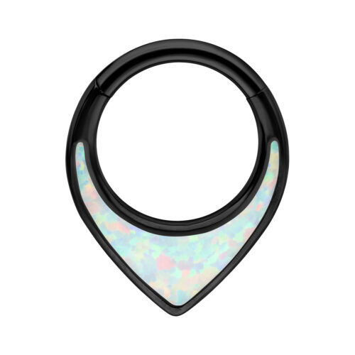 Musta septum-clicker titaanista synteettisellä opaalilla valkoisella taustalla