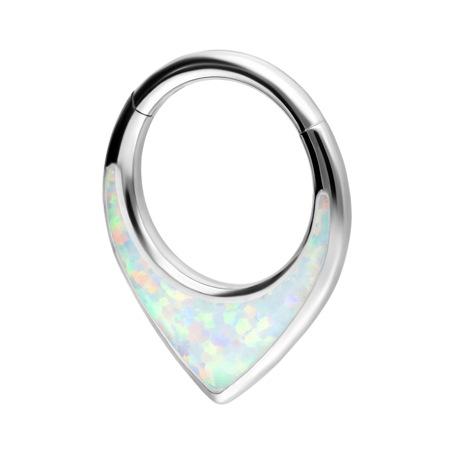 Chunky opaalinen septum-klickeri titaanista hopeassa Hopeinen septum-klickeri titaanista opaalinhohtoisilla kristalleilla valkoisella taustalla