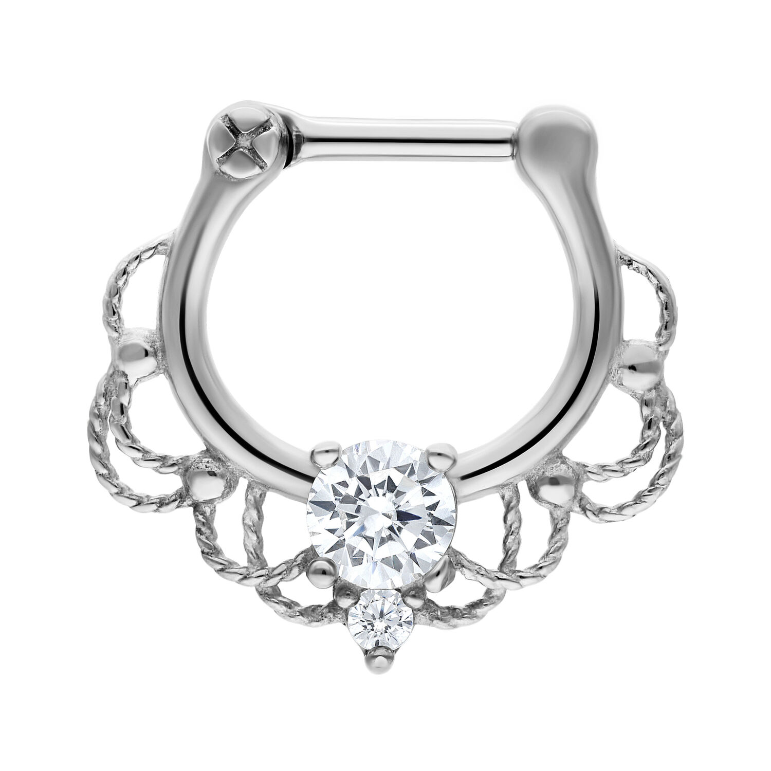 Hopeinen Fairytale Septum Clicker kristallilla Hopeinen septum clicker kirurginteräksestä kirkkaalla kristallilla valkoisella taustalla