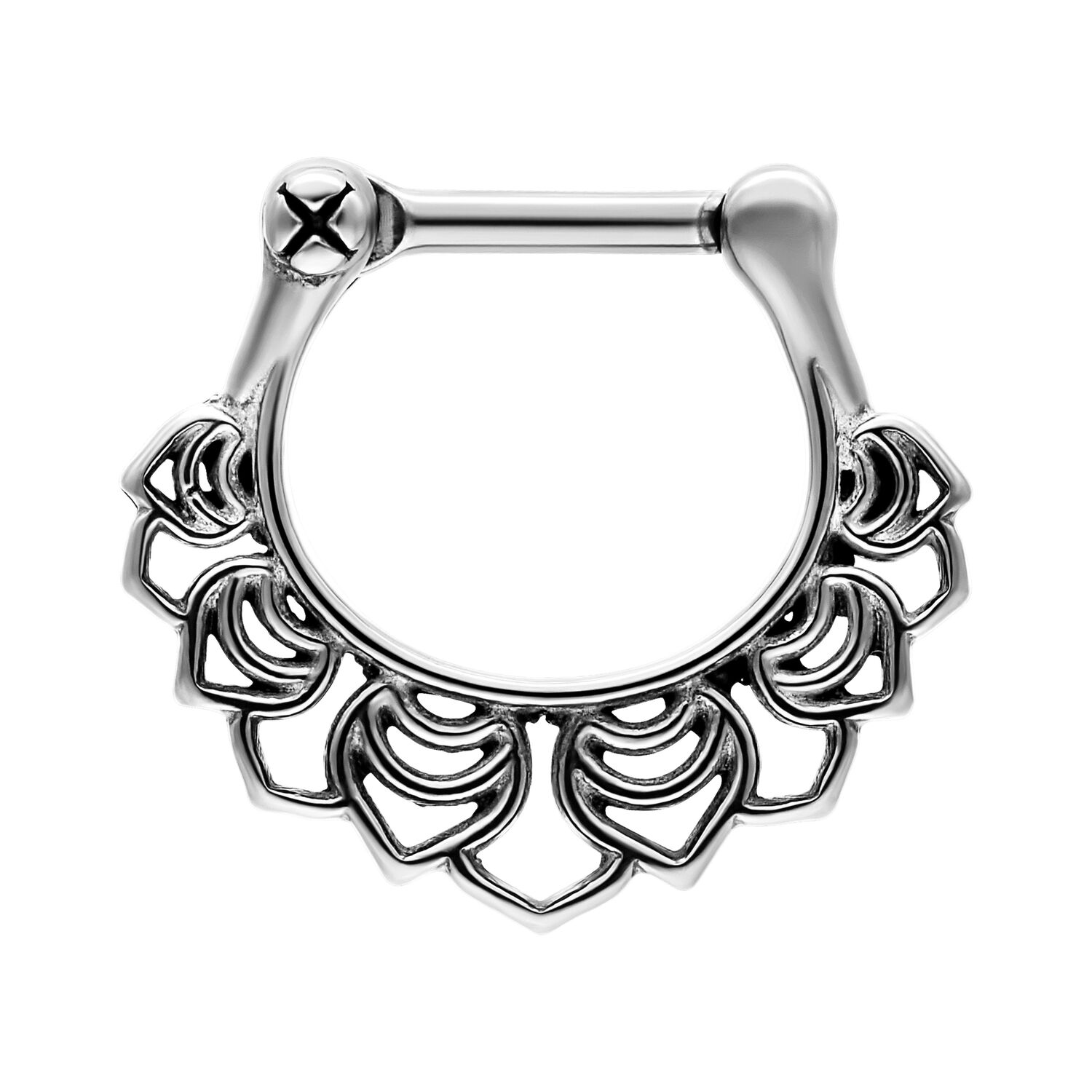 Hopeinen kukkakuvioinen septum-klickeri teräksestä Hopeinen septum-klickeri kukkakuviolla valkoisella taustalla