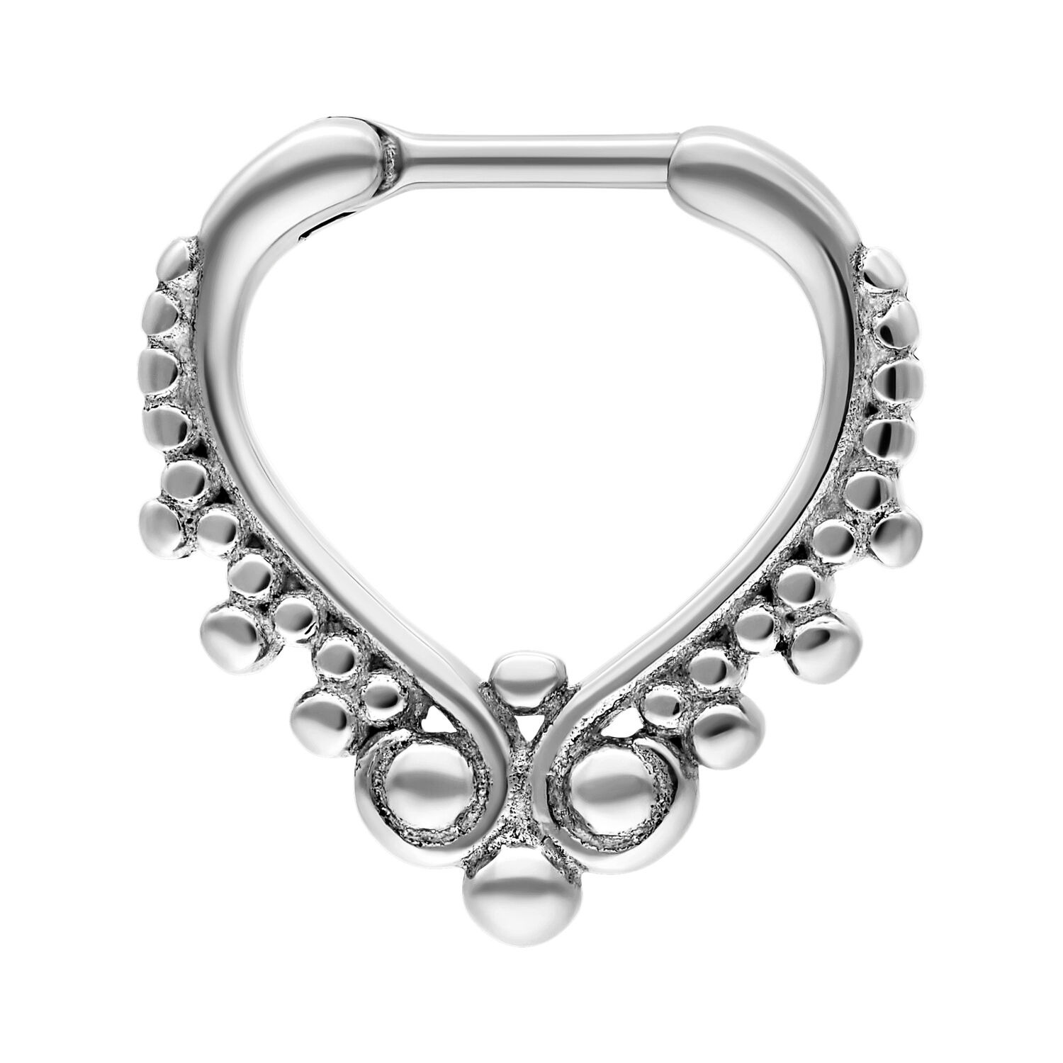 Hopeinen Wonderland Septum Clicker teräksestä Hopeinen septum clicker kirurginteräksestä koristellulla designilla valkoisella taustalla