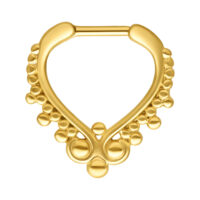 Kultainen septum-clicker kirurginteräksestä Kultainen septum-clicker pallokuviolla kirurginteräksestä valkoisella taustalla