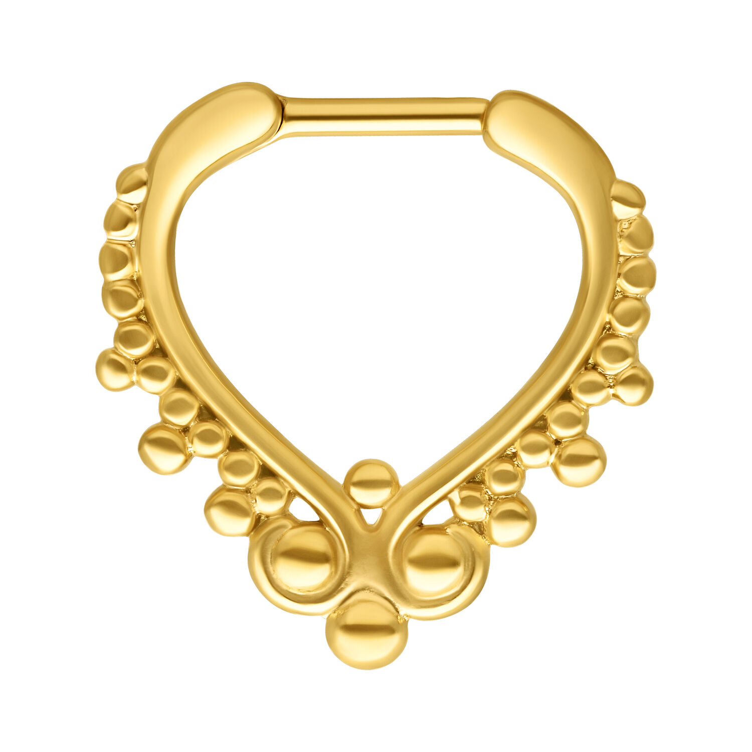 Kultainen septum-clicker kirurginteräksestä Kultainen septum-clicker pallokuviolla kirurginteräksestä valkoisella taustalla