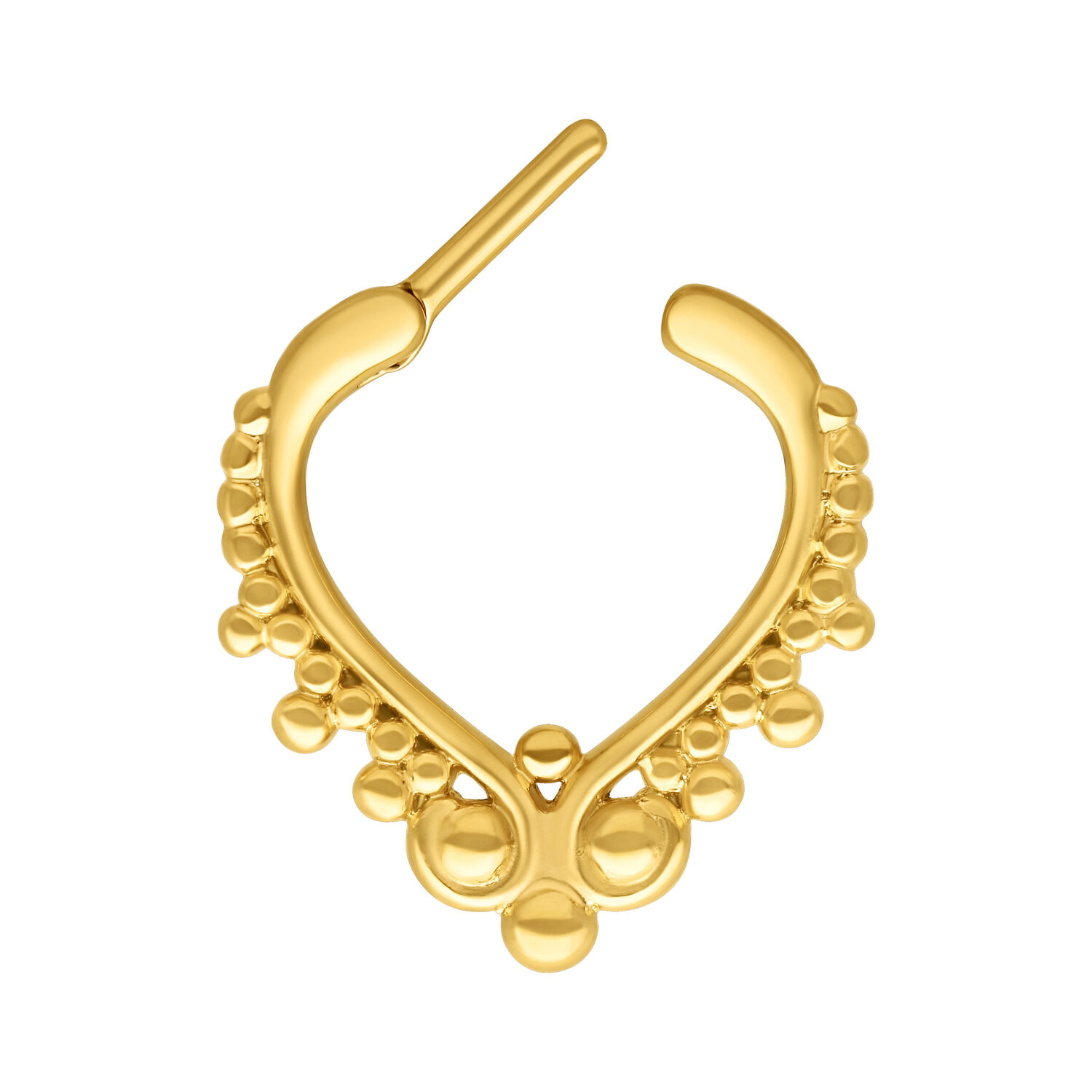 Kultainen septum-clicker kirurginteräksestä Kultainen septum-clicker pallokoristeella valkoisella taustalla