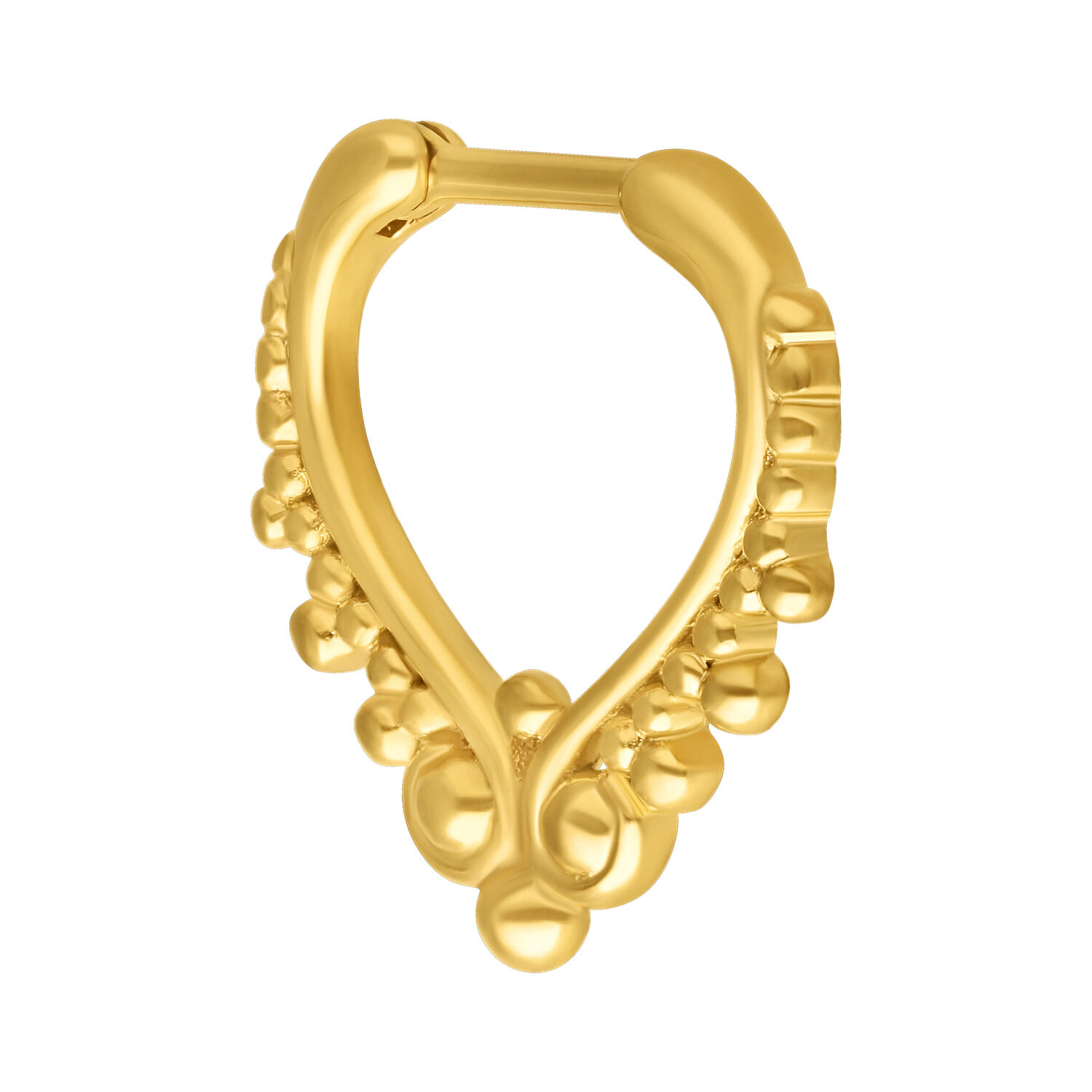 Kultainen septum-clicker kirurginterästä Kultainen septum-clicker kirurginteräksestä 316L valkoisella taustalla