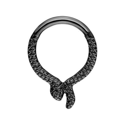 Musta Serpentes Clicker titaanista käärmekuviolla valkoisella taustalla