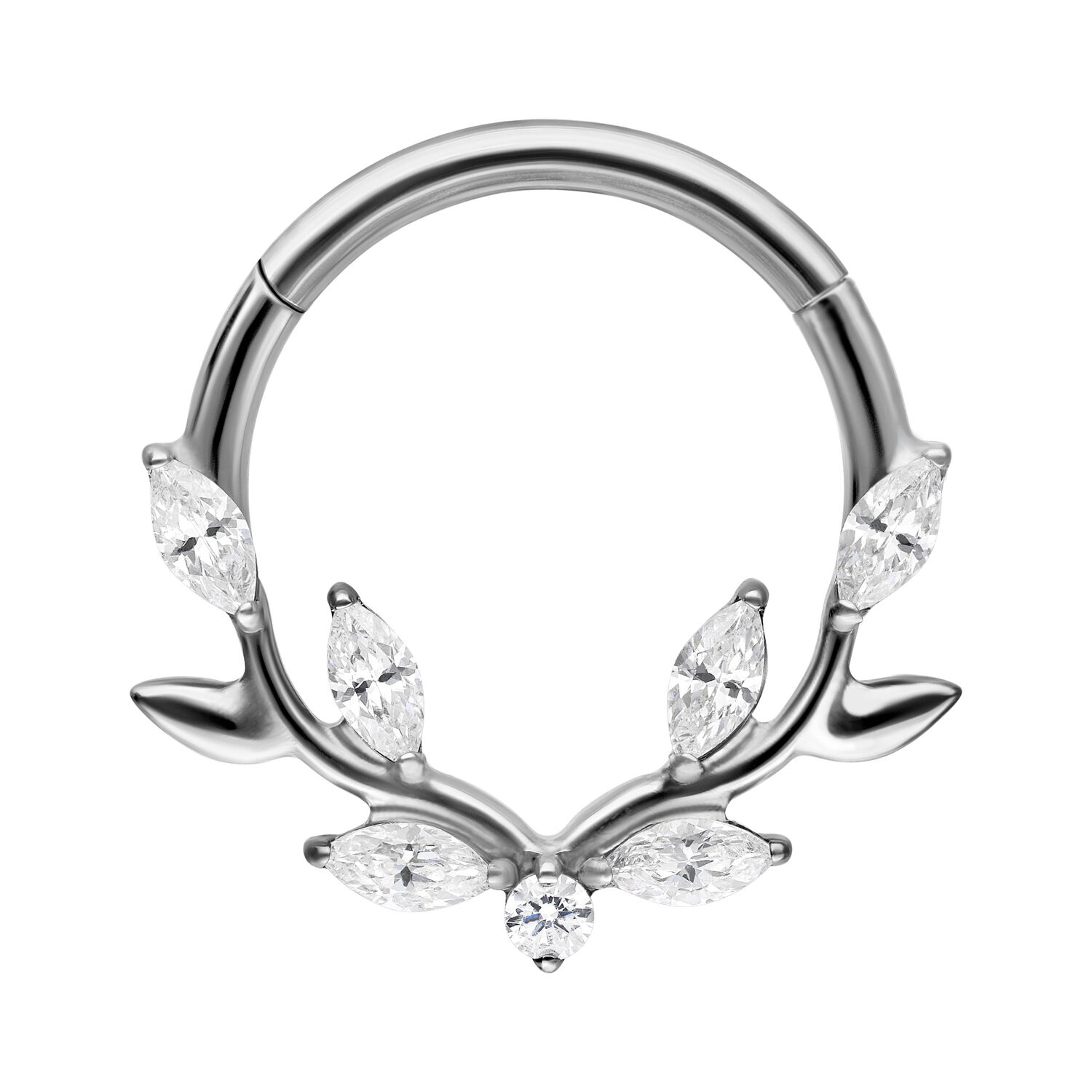 Hopeinen septum clicker kristalli-lehti-designilla valkoisella taustalla
