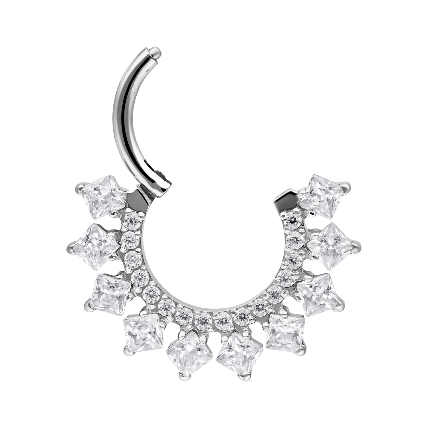 Kristalli Halo Septum Clicker hopeassa Hopeinen septum clicker säihkyvillä kristalleilla valkoisella taustalla