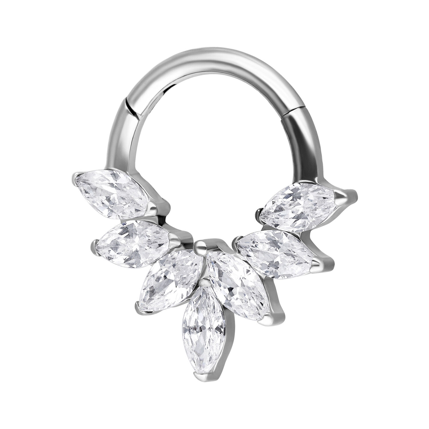 Marquise Kristalli Septum Clicker hopeassa Hopeinen septum clicker marquisen muotoisilla kristalleilla valkoisella taustalla
