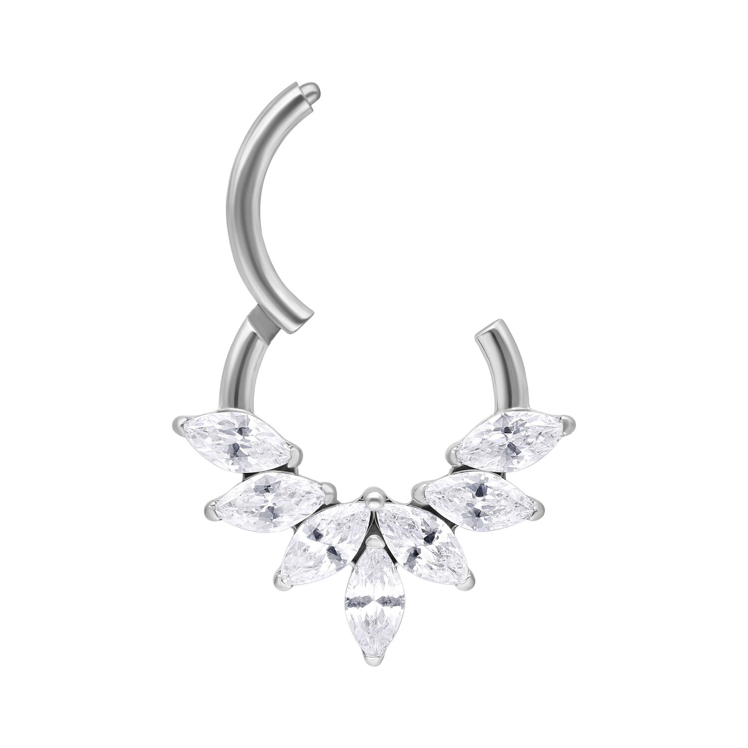 Hopeinen Marquise Kristalli Septum Clicker Hopeinen septum clicker Marquise-kristalleilla valkoisella taustalla