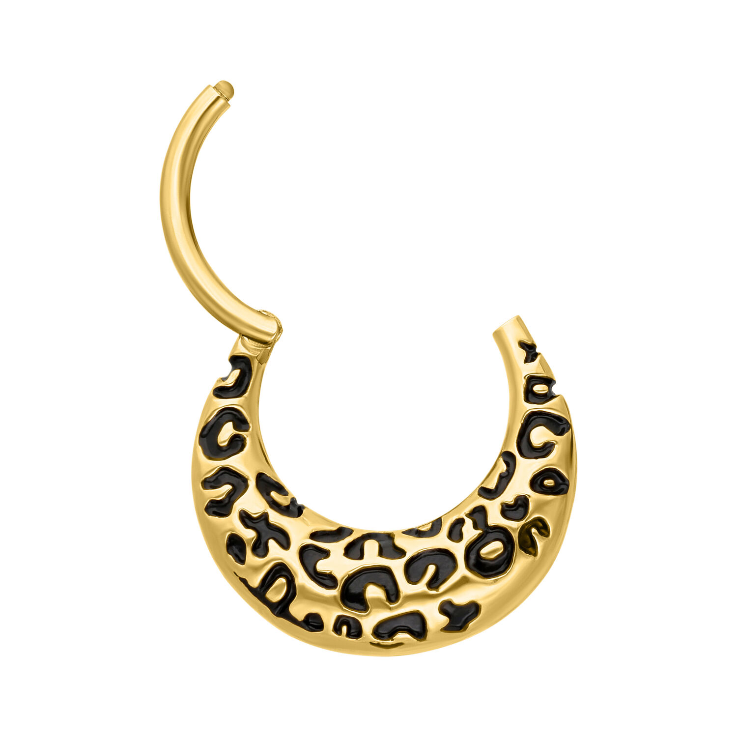 Kultainen Leopardiseptum Clicker titaanista Kultainen septum clicker leopardikuviolla valkoisella taustalla