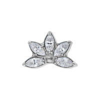 Hopeinen titaani-piercing-kärki kristalleilla Hopeinen titaani-piercing-kärki viidellä kirkkaalla kristallilla valkoisella taustalla