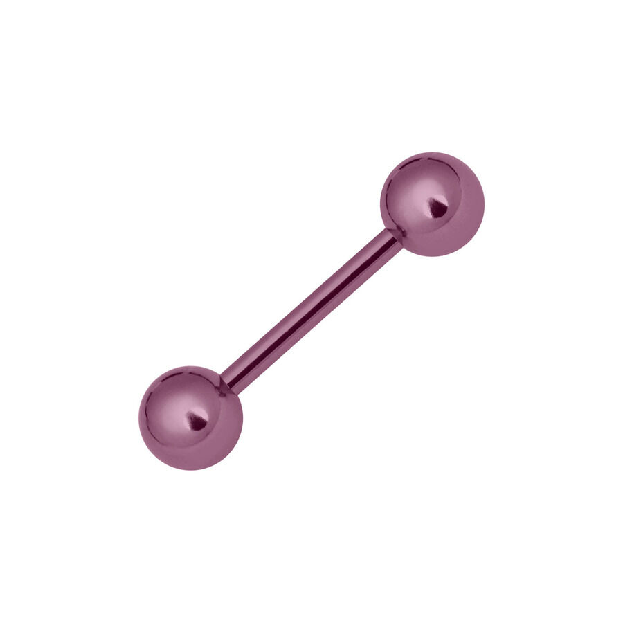 Violetti titaaninen barbell ulkokierteellä Violetti anodisoitu titaaninen barbell kahdella pallolla valkoisella taustalla