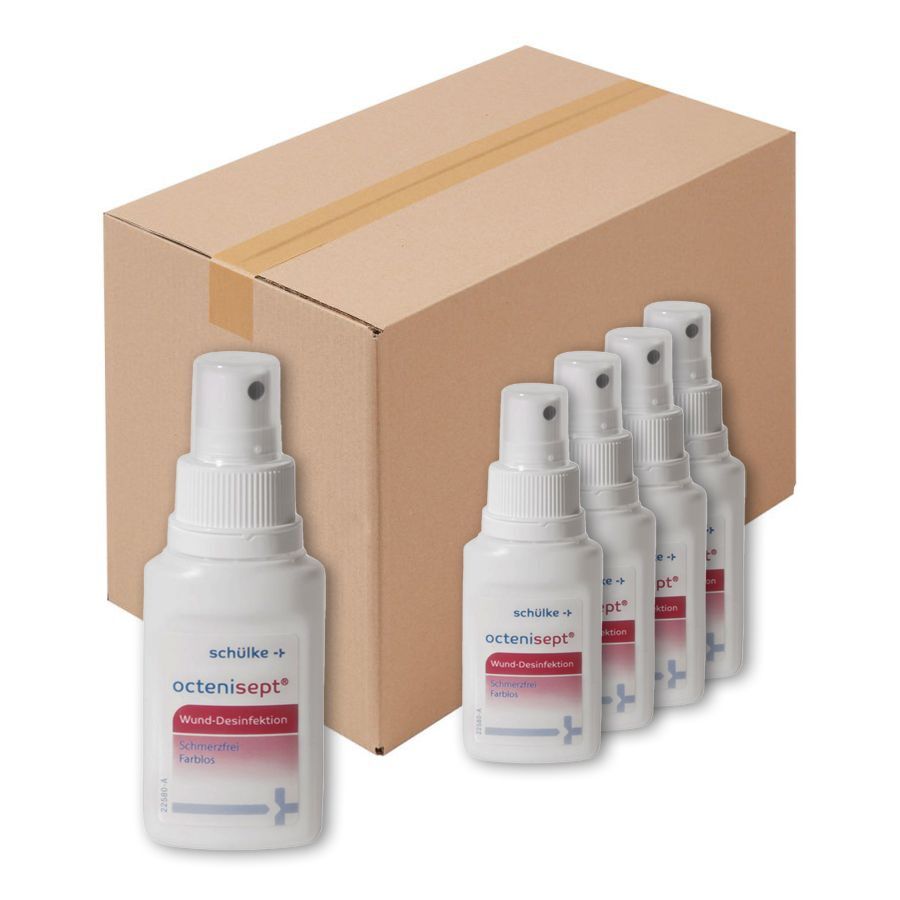 octenisept Haavadesinfiointi 50 ml Setti Viisi pulloa octenisept Haavadesinfiointia laatikon edessä, valkoinen design punaisella etiketillä