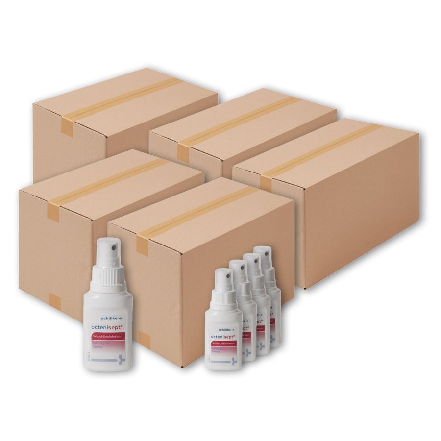 octenisept haavadesinfiointi 50 ml pullo Useita octenisept haavadesinfiointipulloja ruskeiden laatikoiden edessä