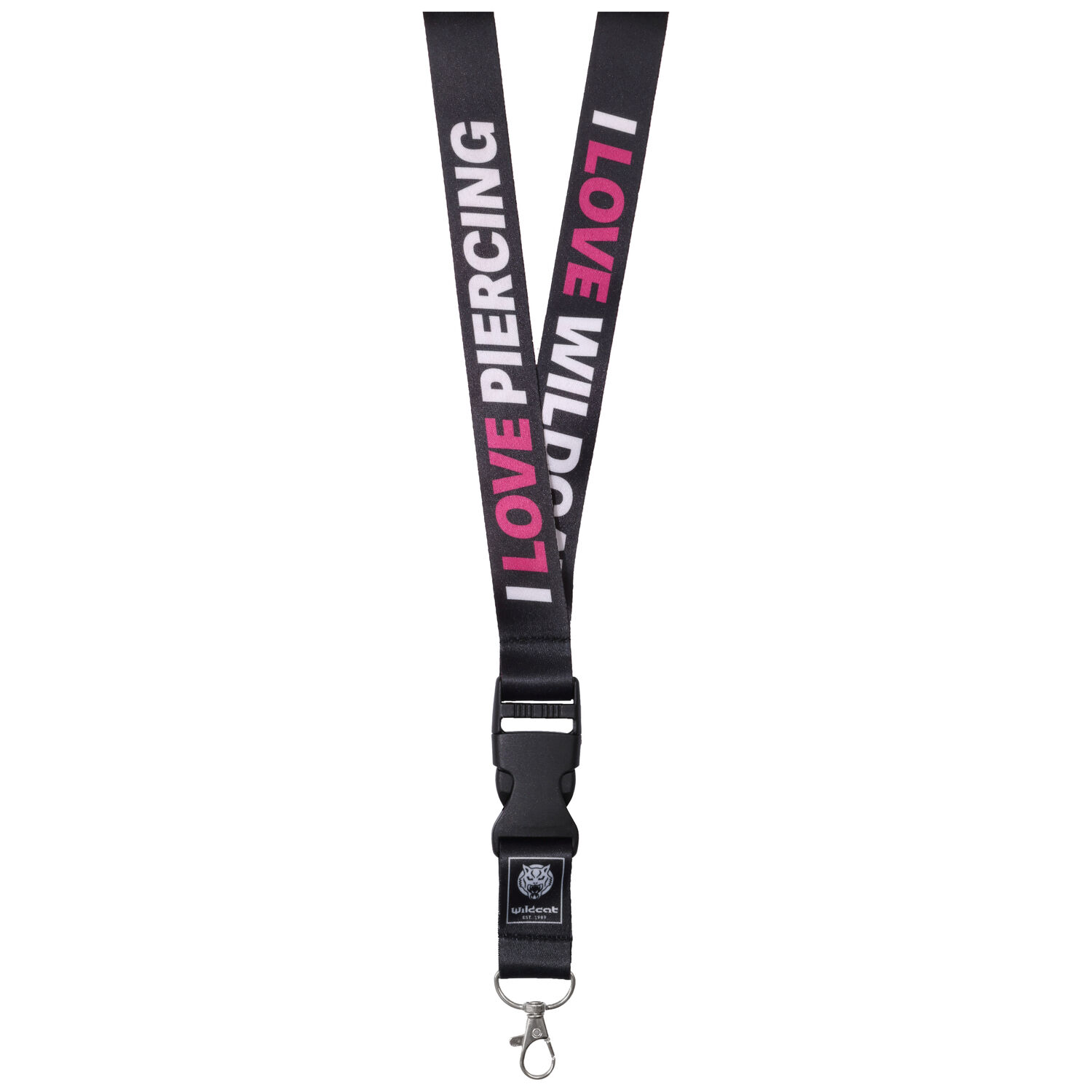 Musta lanyard, jossa I LOVE PIERCING teksti Musta lanyard valkoisella ja pinkillä I LOVE PIERCING tekstillä, metallikoukku