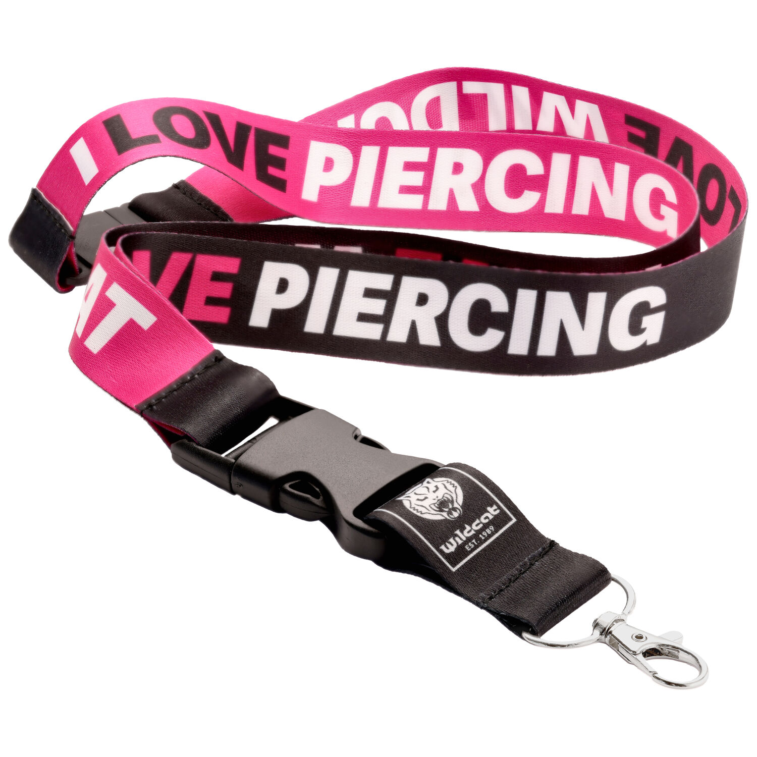 Wildcat-kaulanauha I LOVE PIERCING Pinkki-musta Wildcat-kaulanauha 'I LOVE PIERCING' tekstillä ja metalliklipsillä