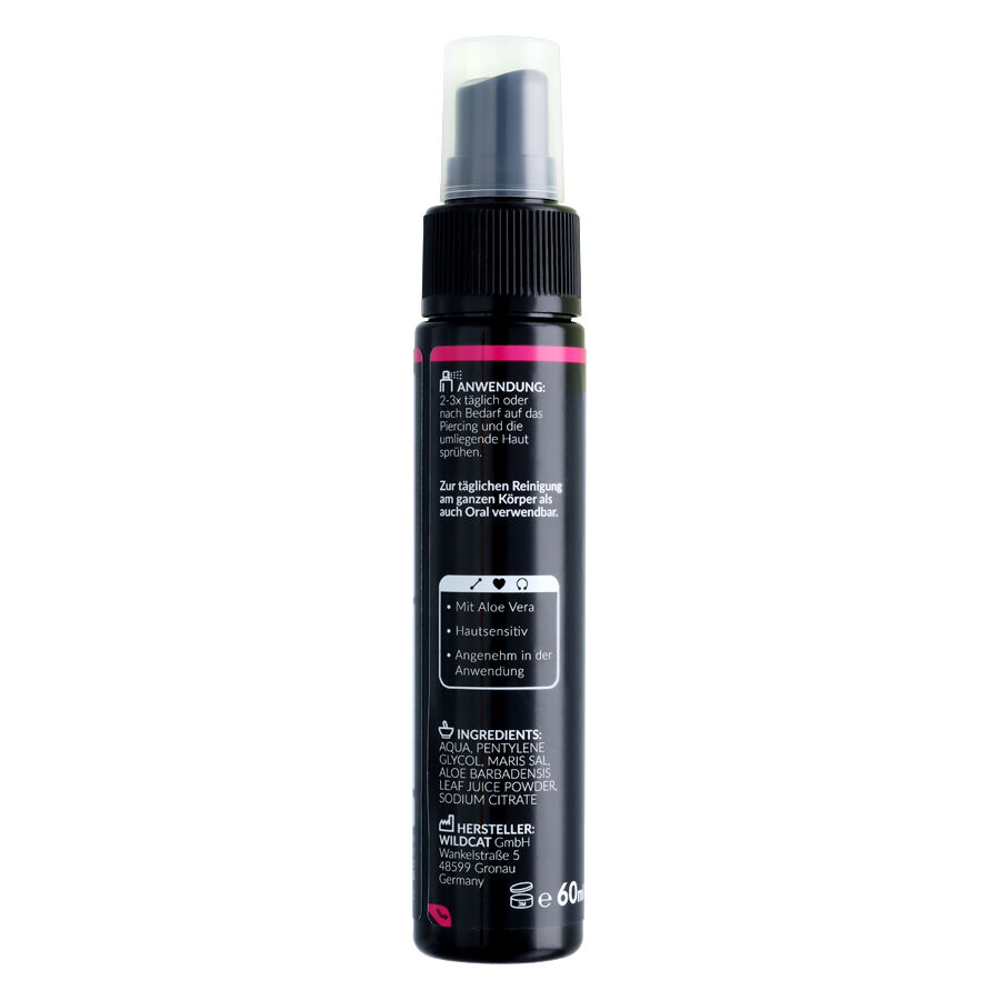 Piercingspray 60ml Aloe Veralla Musta spraypullo, jossa 60ml piercingspray, punainen yksityiskohta