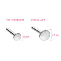 Hopeiset Pushfit Labretit lävistyksiin Kaksi hopeista labrettia valkoisella taustalla, vasemmalla 2,75 mm, oikealla 3,75 mm