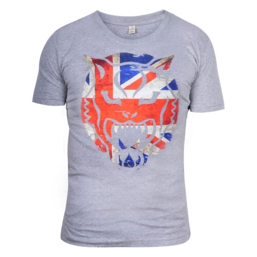 Harmaa T-paita, jossa suuri UK-Wildcat-kuvio, unisex, valkoisella taustalla