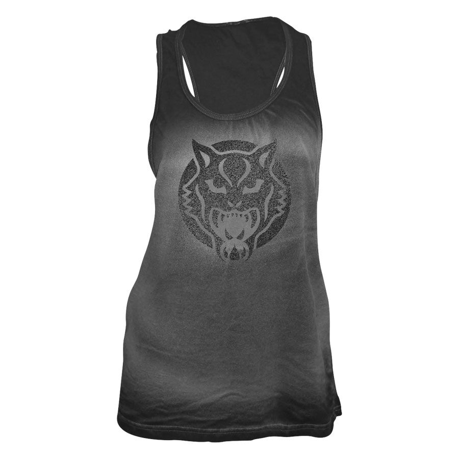 Musta tanktoppi villikissaprintillä Musta tanktoppi suurella villikissalogolla harmaalla taustalla