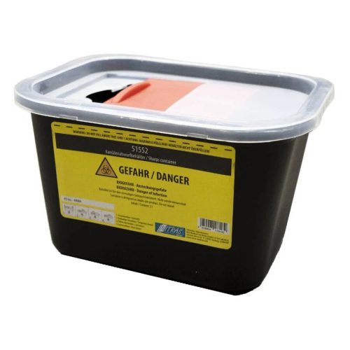 Musta 2 litran hävitysastia keltaisella varoitusetiketillä ja harmaalla kannella