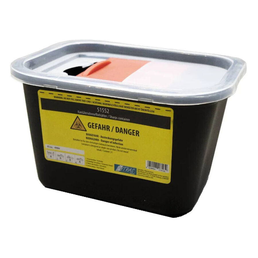 Musta 2 litran hävitysastia keltaisella varoitusetiketillä ja harmaalla kannella