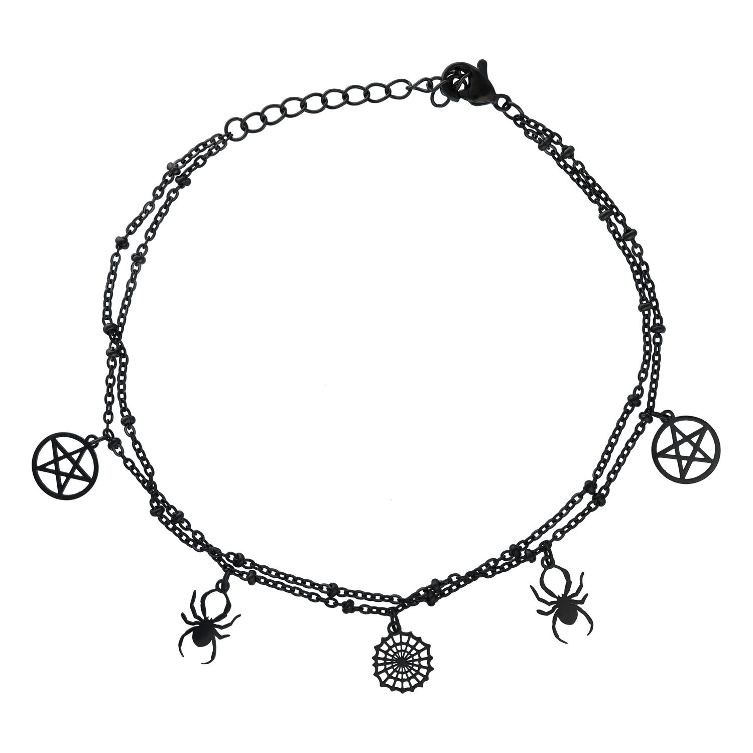 Musta Spider Pentagram nilkkaketju säädettävä Musta nilkkaketju, jossa on hämähäkki- ja pentagrammiriipuksia valkoisella taustalla