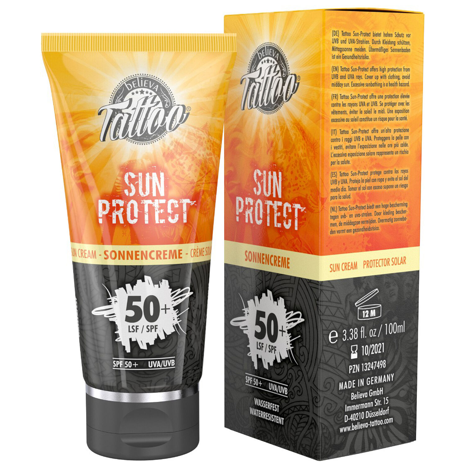 Believa Tattoo Sun Protect 50+ -tuubi ja pakkaus valkoisella taustalla