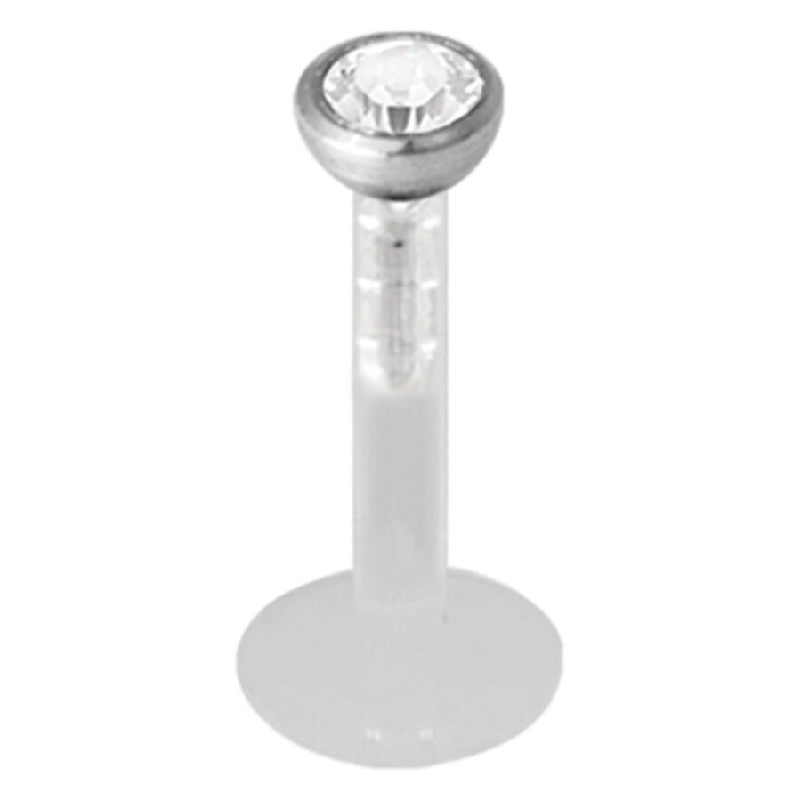 Hopeinen push-fit labret kirkkaalla kristallilla valkoisella taustalla