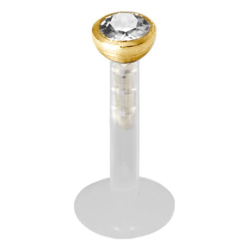 Kultainen Push-fit Labret kirkkaalla kristallilla valkoisella taustalla