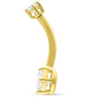 18K Bananabell kultaa kristalleilla 18K kultainen Bananabell kahdella kirkkaalla kristallilla valkoisella taustalla