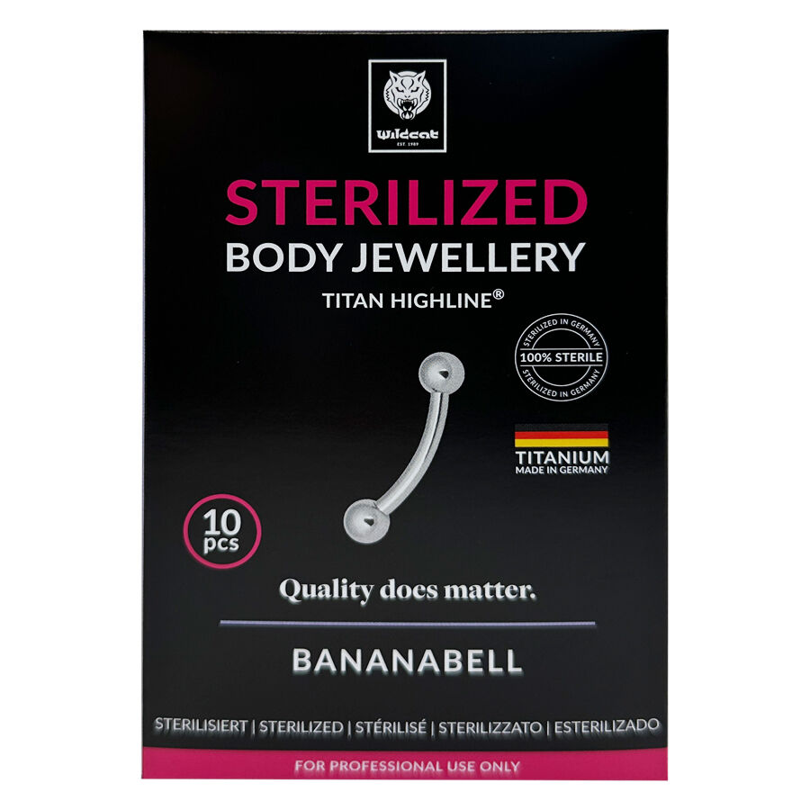 Steriloitu titaani Bananabell-lävistys Hopeinen titaani Bananabell mustalla taustalla