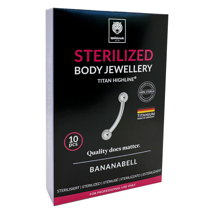 Steriloitu titaani Micro Bananabell Steriloidun titaani Micro Bananabellin pakkaus hopeakoristeella