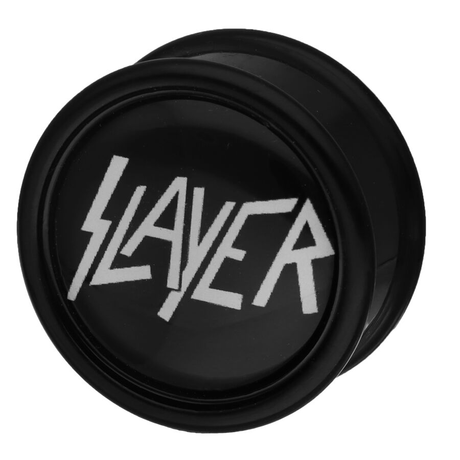 Musta Slayer-logotulppa PMMA:sta Musta tulppa, jossa valkoinen Slayer-logo mustalla taustalla