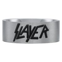 Hopeinen Slayer-logorengas teräksestä Hopeinen rengas mustalla Slayer-logolla valkoisella taustalla