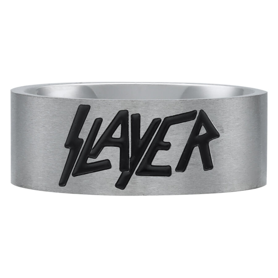 Hopeinen Slayer-logorengas teräksestä Hopeinen rengas mustalla Slayer-logolla valkoisella taustalla