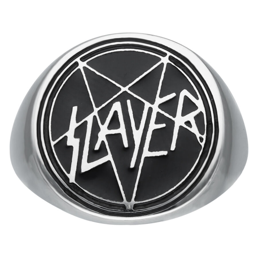 Slayer-emaljisinettihopeasormus Hopeinen sinettisormus Slayer-logolla mustalla taustalla