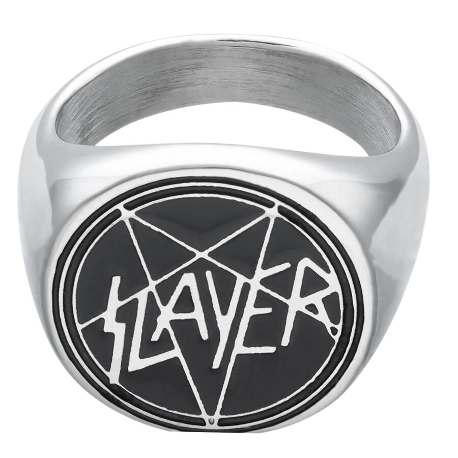 Slayer-emaljisinettihopeasormus Hopeinen sinettisormus mustalla Slayer-logolla valkoisella taustalla