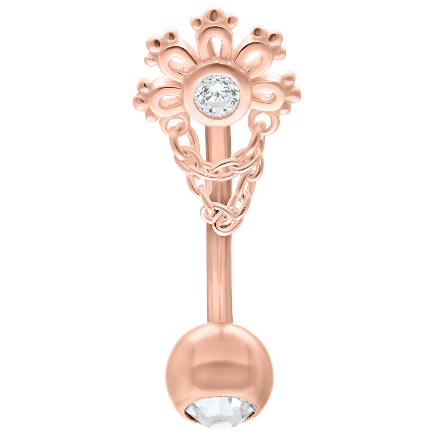 Rosékultainen Micro Bananabell kristallilla, 12mm pituus, valkoisella taustalla