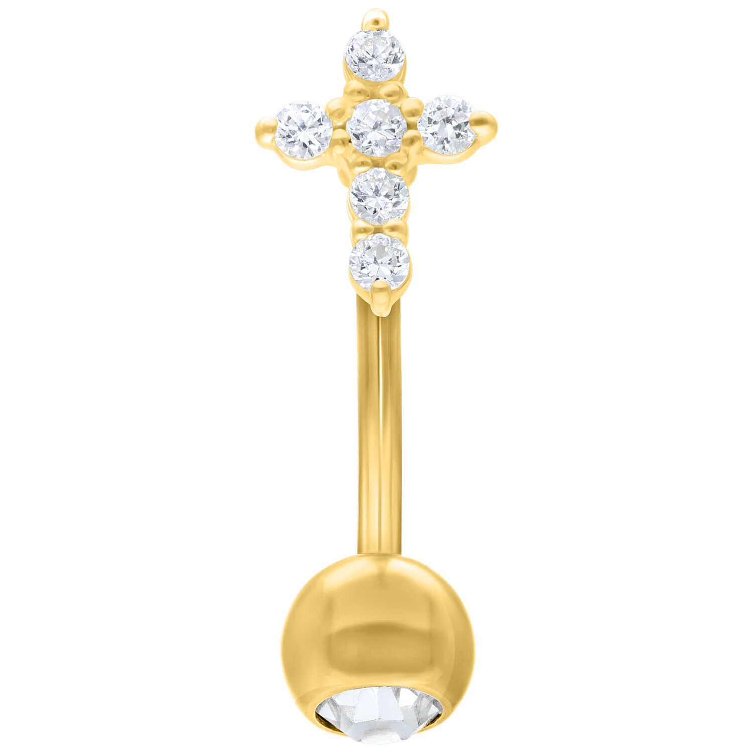 Kultainen Crystal Cross Micro Bananabell, 1,6 mm, 12 mm Kultainen Bananabell, jossa risti kirkkaista kristalleista valkoisella taustalla